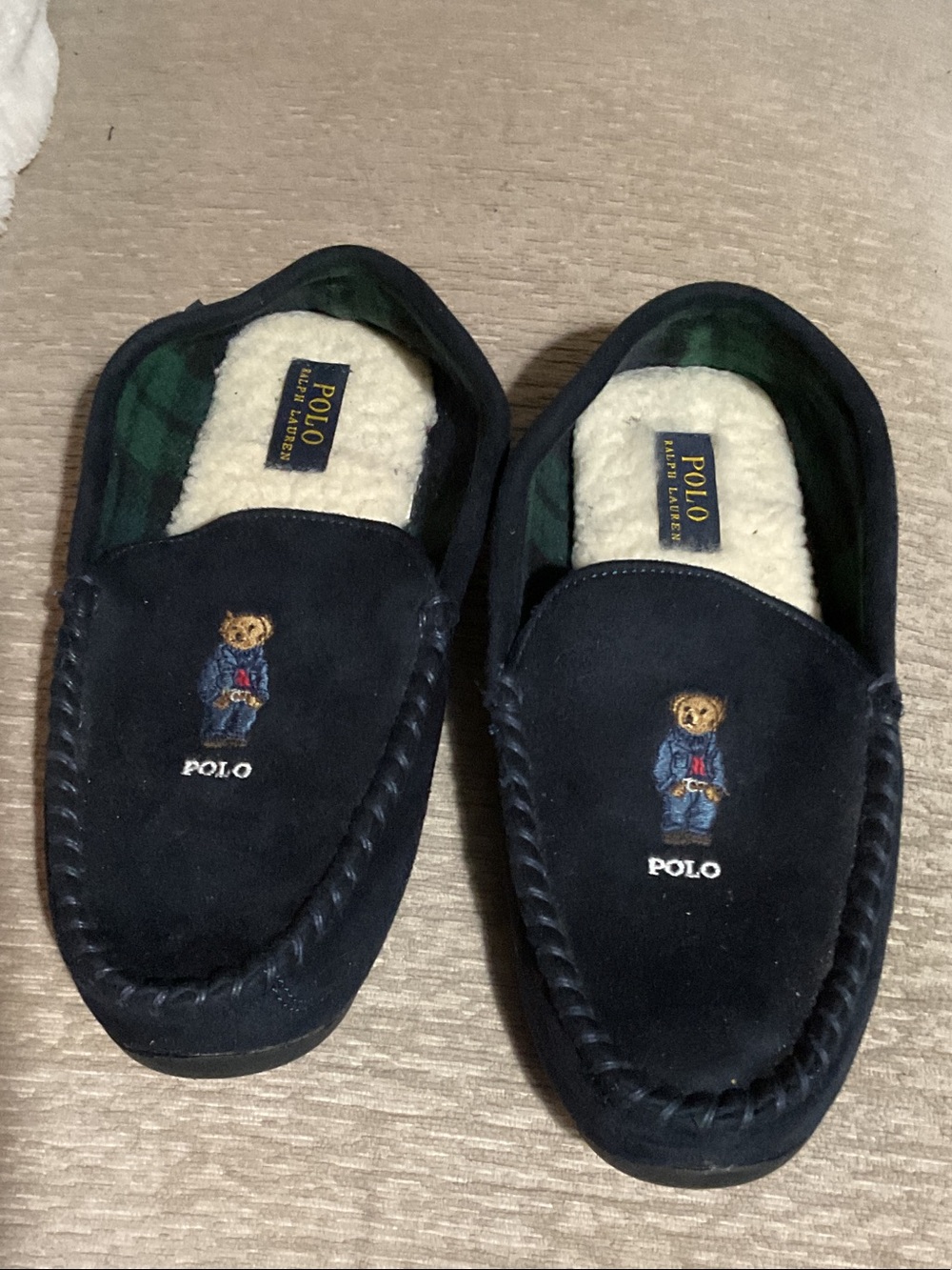 Polo by Ralph Lauren Navy Suede Bear Embroidered Slip-On Loafers
